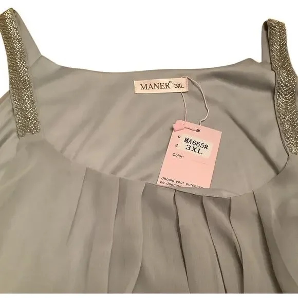 MANER PALE GRAY PLEATED FRONT BEADED STRAP ELEGANT TANK TOP 3X NWT - Picture 10 of 10
